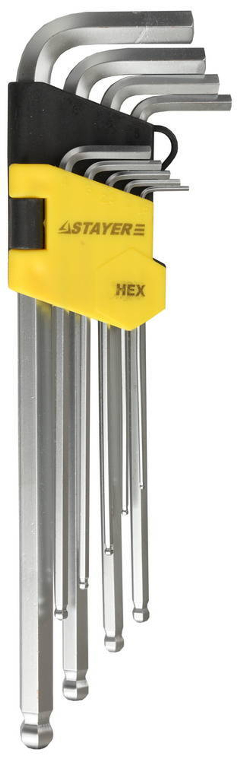 Набор STAYER Ключи ″MASTER″ имбусовые длинные с шариком, Cr-V, сатинир. покрытие, пластик. держатель, HEX 1,5-10мм, 9 пр