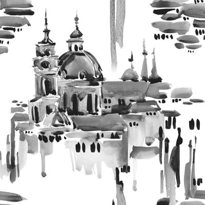 Старый город акварельный принт монохром