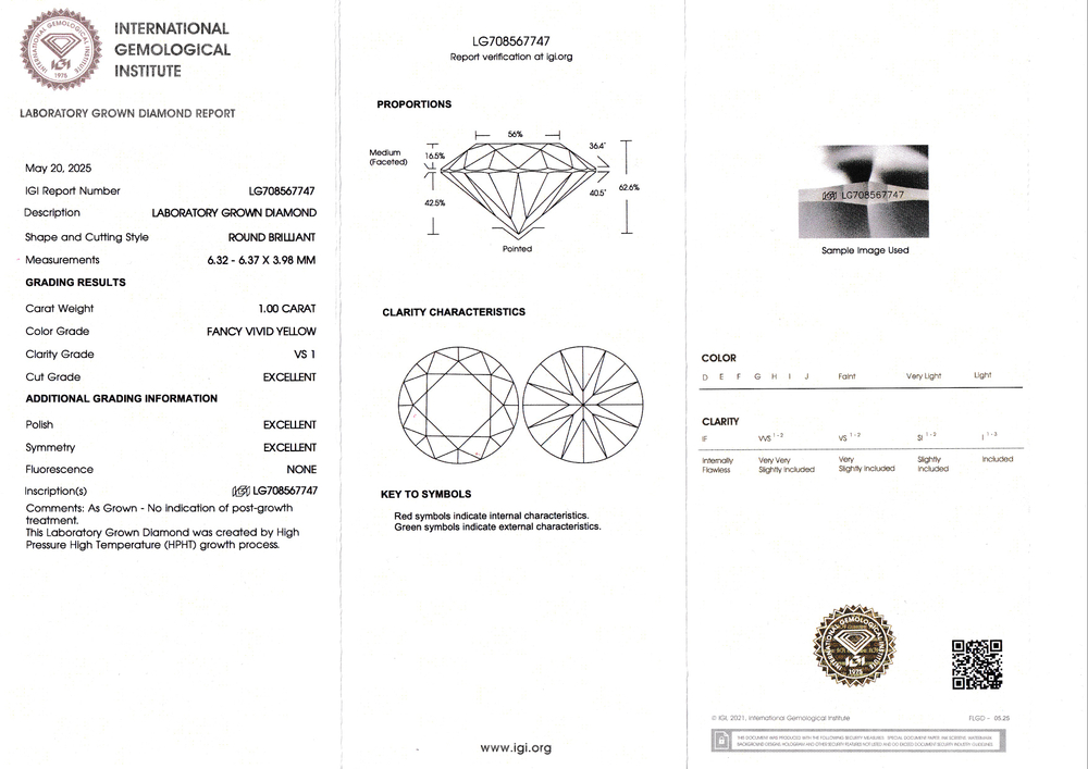 Лабораторно-выращенный бриллиант круг 6.32 х 6.37 х 3.98 мм FancyVIVID YELLOW/VS1 1.00 ct