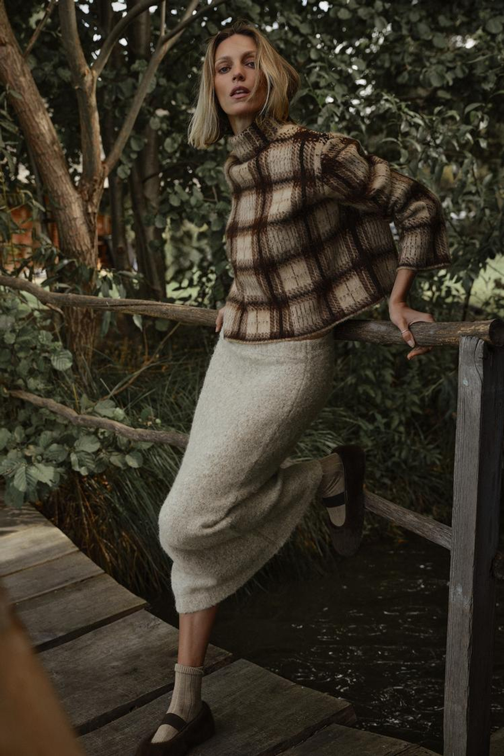 ZARA СВИТЕР В КЛЕТКУ С ЭФФЕКТОМ ВОРСА, БЕЖЕВЫЙ/НЕЖНО-КОРИЧНЕВЫЙ
