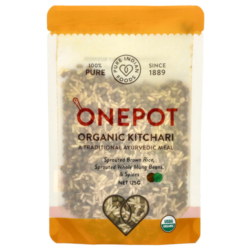 Pure Indian Foods, OnePot, органический кичари, пророщенный коричневый рис, цельные пророщенные бобы и специи, 125 г