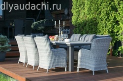 Обеденный комплект стол ПАРКЛЭНД + 6 кресел из искусственного ротанга БЕРГАМО (цвет серый/коричневый)