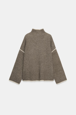 ZARA СВИТЕР ИЗ ТРИКОТАЖА С КОНТРАСТНОЙ ОТДЕЛКОЙ, СЕРО-КОРИЧНЕВЫЙ