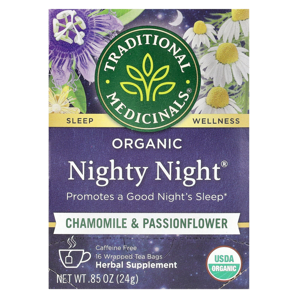 Traditional Medicinals, Organic Nighty Night®, ромашка и пассифлора, без кофеина, 16 чайных пакетиков, 24 г (0,85 унции)