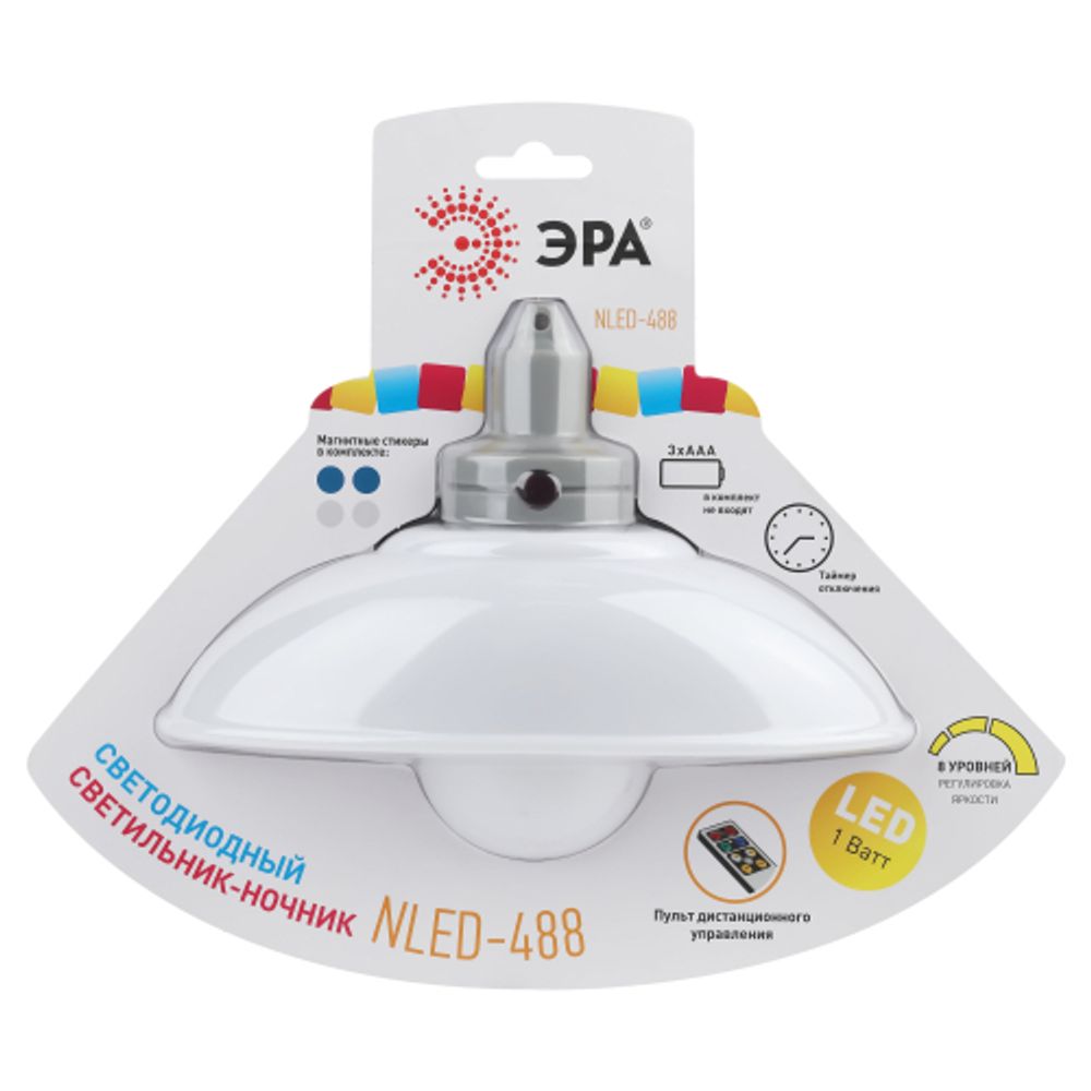 Ночник - светильник светодиодный ЭРА NLED-488-1W-MS-W настенный на батарейках с пультом белый | Ночники