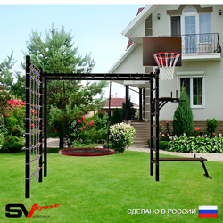 Уличная шведская стенка Sv Sport рукоход с комплектом турник прямой У5524.1К (Брусья/Скамья/Гнездо 100см/Щит баскет/Сетка)