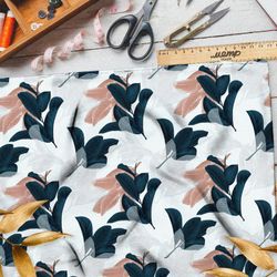 Ткань интерлок листья тёмно-серые и пудровые