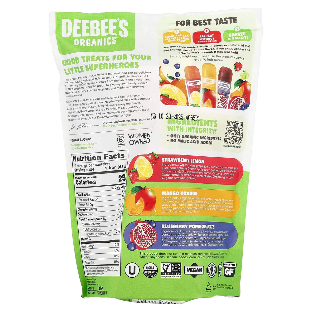 Deebee's Organic, Органические леденцы Superfruit ™, со вкусом ассорти, 10 батончиков, по 40 мл (1,35 жидк. унц.)