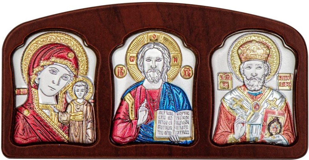 Спаситель, Казанская БМ, Николай Чудотворец, триптих, эмаль, 55х105