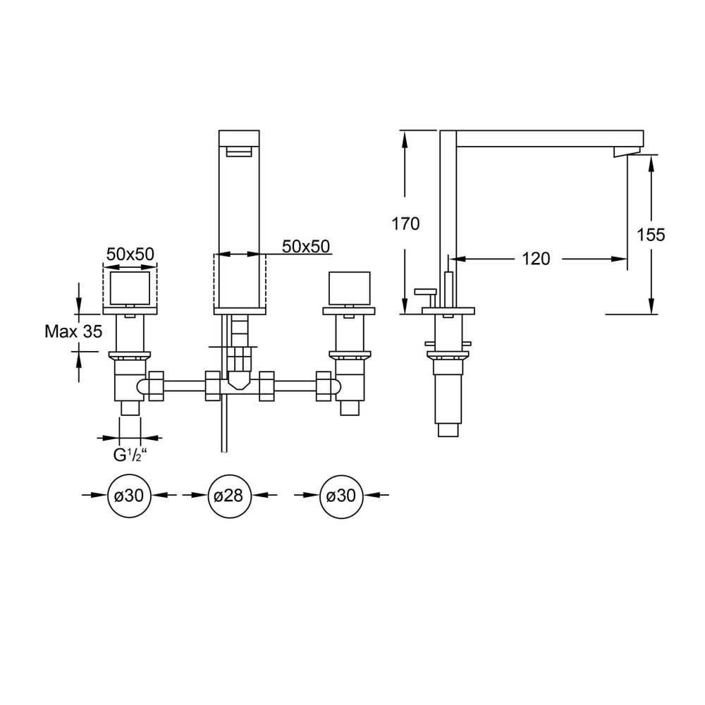 Смеситель для раковины Steinberg Серия 160 на 3 отверстия с 90° керамическими вентилями, со сливным гарнитуром 1 1/4“, хром 160 2000