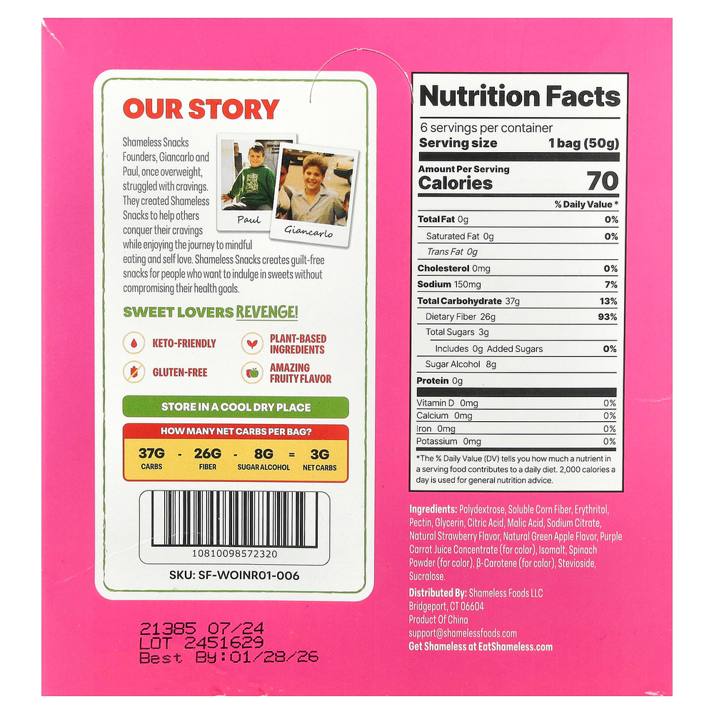 Shameless Snacks, Жевательные конфеты Super Wild Worms®, зеленое яблоко и клубника, 6 пакетиков по 50 г (1,8 унции)