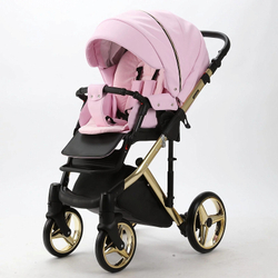 Детская коляска Adamex Chantal Special Edition Deluxe 2 в 1 C132-B (РОЗОВ.ЗЕФИР.КОЖА+ЧЕРН.РИФЛЕН.ДНО+ЗОЛОТ РАМА)