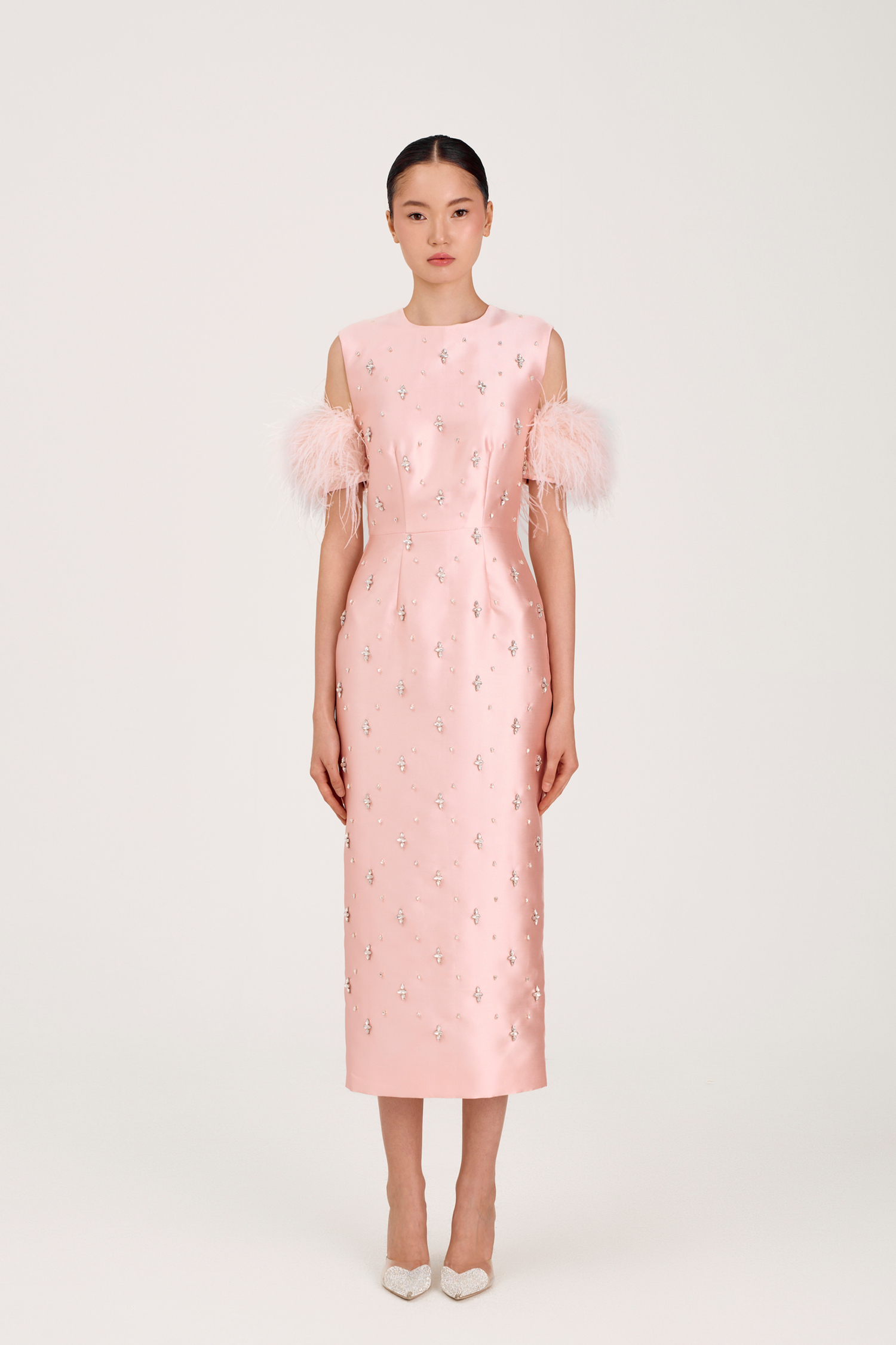 Платье Abcent (Абсент)  с перьями на рукавах, с выш., нежно-розовый