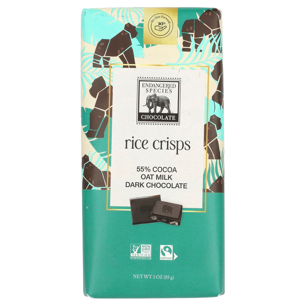 Endangered Species Chocolate, Овсяное молоко, рисовые чипсы + темный шоколад, 55% какао, 3 унции (85 г)