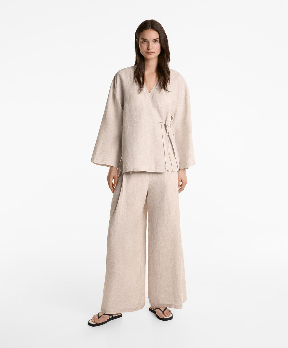 Oysho Брюки из 100%-го льна, песочный с меланжевым эффектом