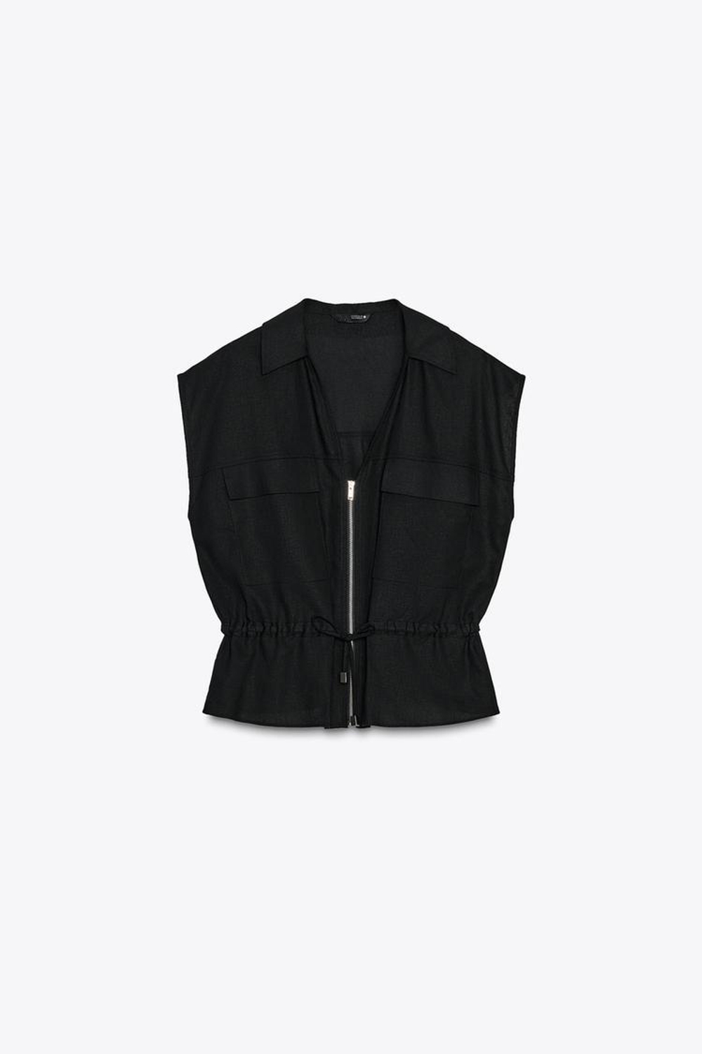 ZARA ТОП В СТИЛЕ САФАРИ С ПОЯСОМ ИЗ ЛЬНА, ЧЕРНЫЙ