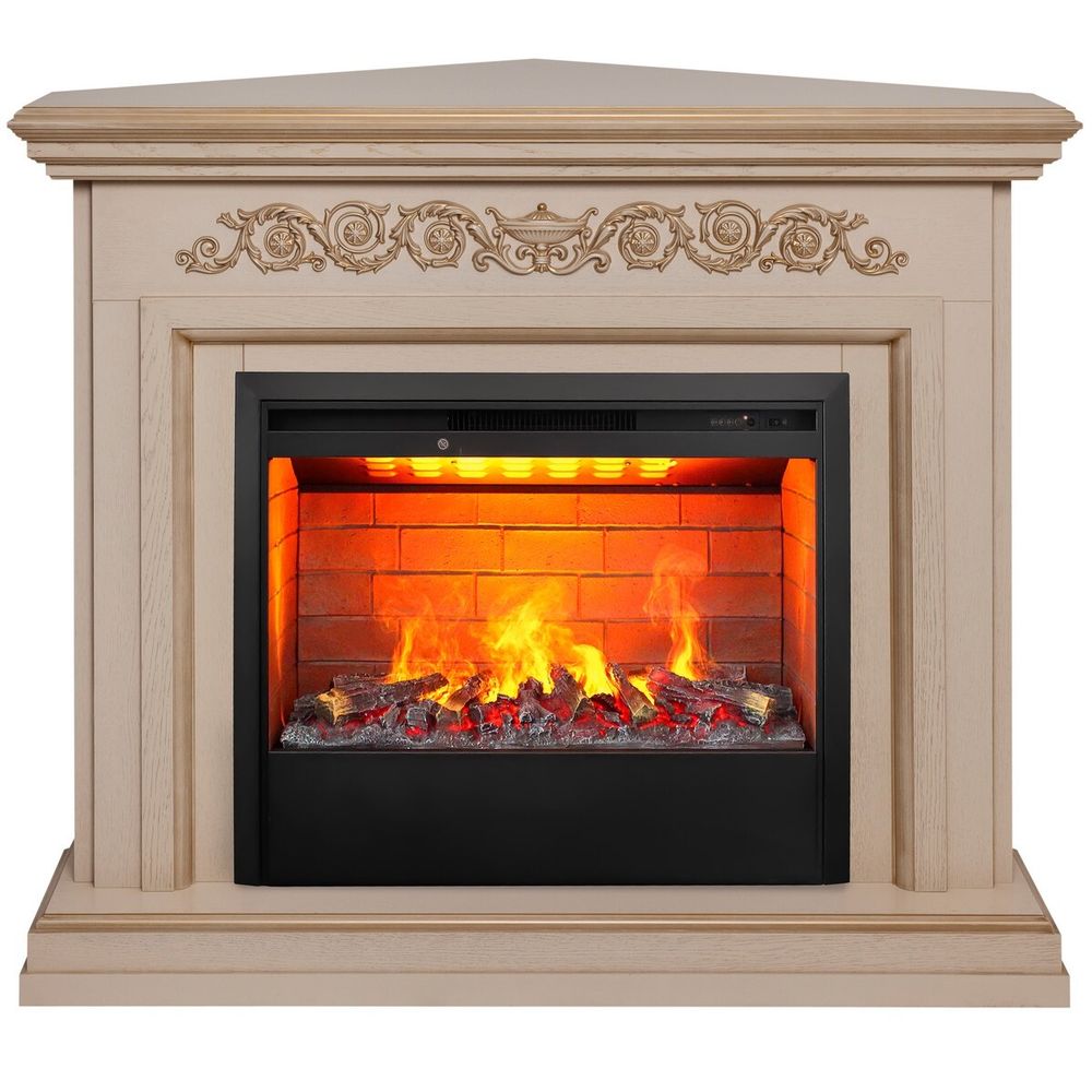 Электрокамин RealFlame Leticia Corner 26 WT белый дуб с золотой патиной с очагом 3D Helios 26