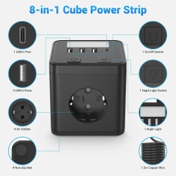 Удлинитель-тройник-ночник , с USB, Type-C PowerCube, 4 гнезда 220V, 3 USB 2400mA / 1 Type-C 3100mA, c заземлением, защитные шторки, 10 A/2500 Вт.