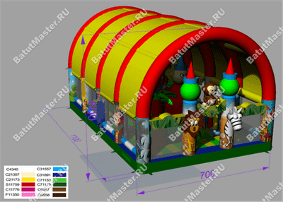 Коммерческий надувной батут "Зверята с крышей 2" 11*7*6 м