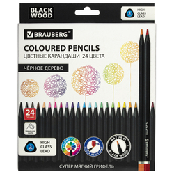 Карандаши цветные чёрное дерево BRAUBERG BLACK WOOD, 24 цвета, трехгранный корпус, грифель мягкий 3 мм, 181949