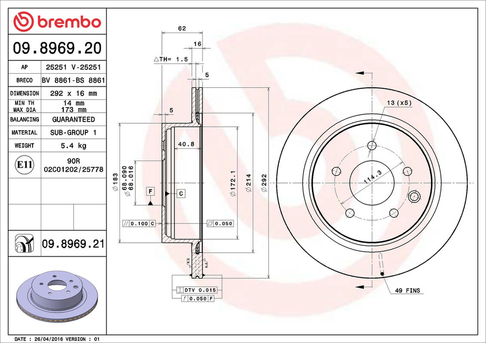 BREMBO - 09896921-BRB - Brake Disc