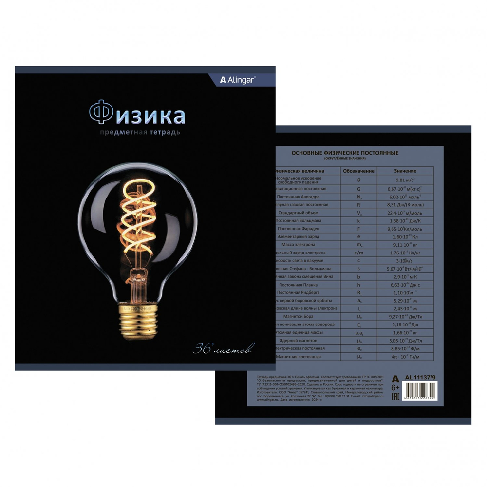 Тетрадь предметная 36л. А5 "Физика", клетка, со справочным материалом, скрепка, мелованный картон (стандарт), блок офсет, Alingar "Bright"