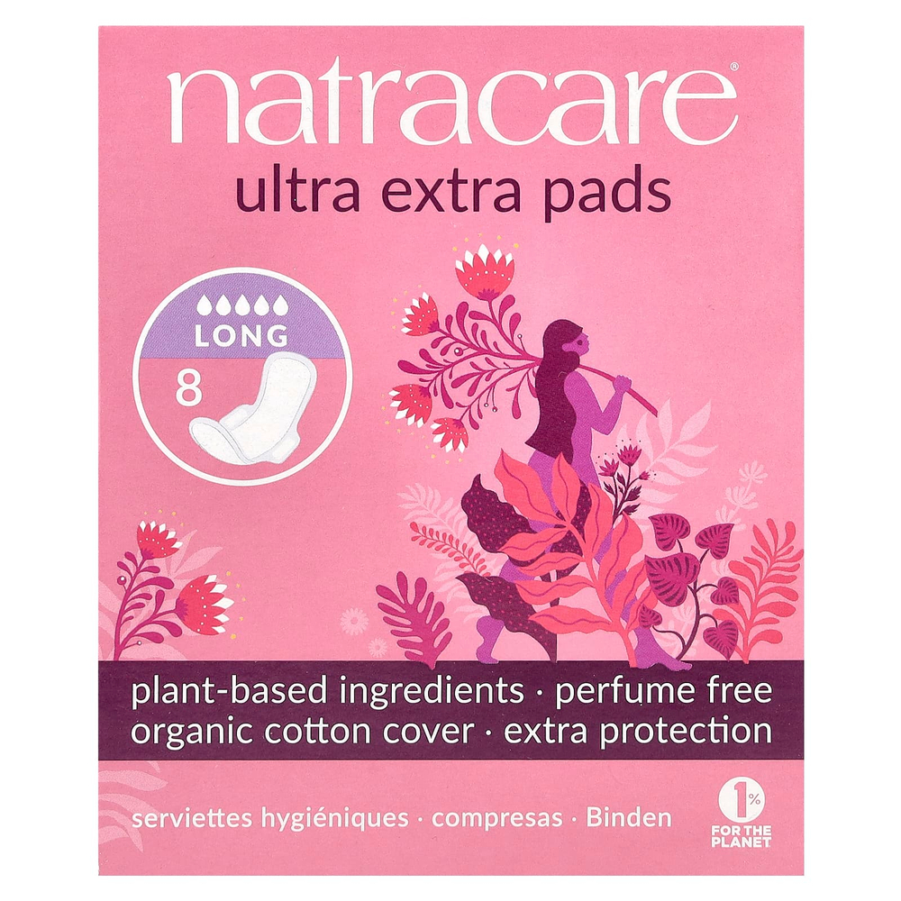 Natracare, прокладки Ultra, поверхность из органического хлопка, длинные, 8 штук