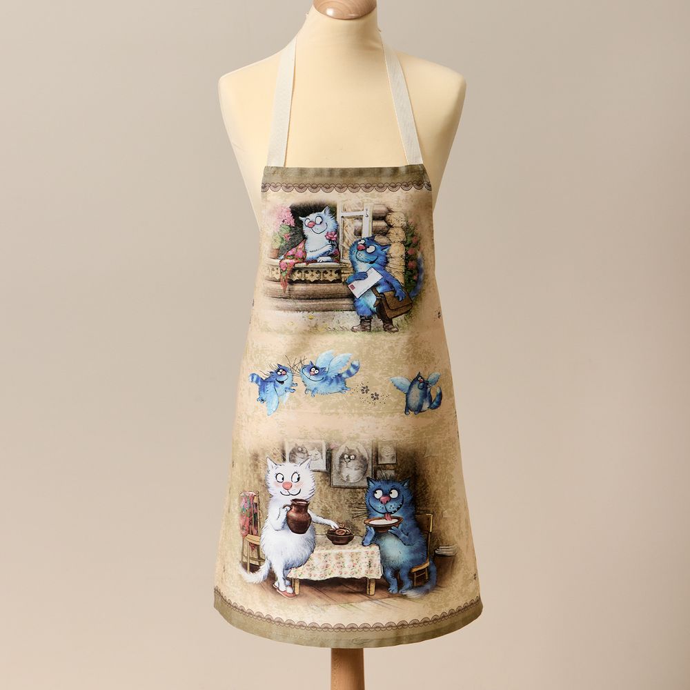 ФАРТУК "СИНИЕ КОТЫ. ЛЮБОВЬ МОЯ", 100% ХЛОПОК,ТВИЛ, БЕЖ