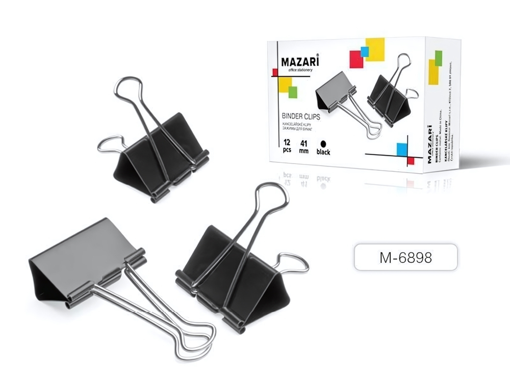 Зажимы для бумаг 41мм. 12шт. черные, металлические, коробка (Mazari)