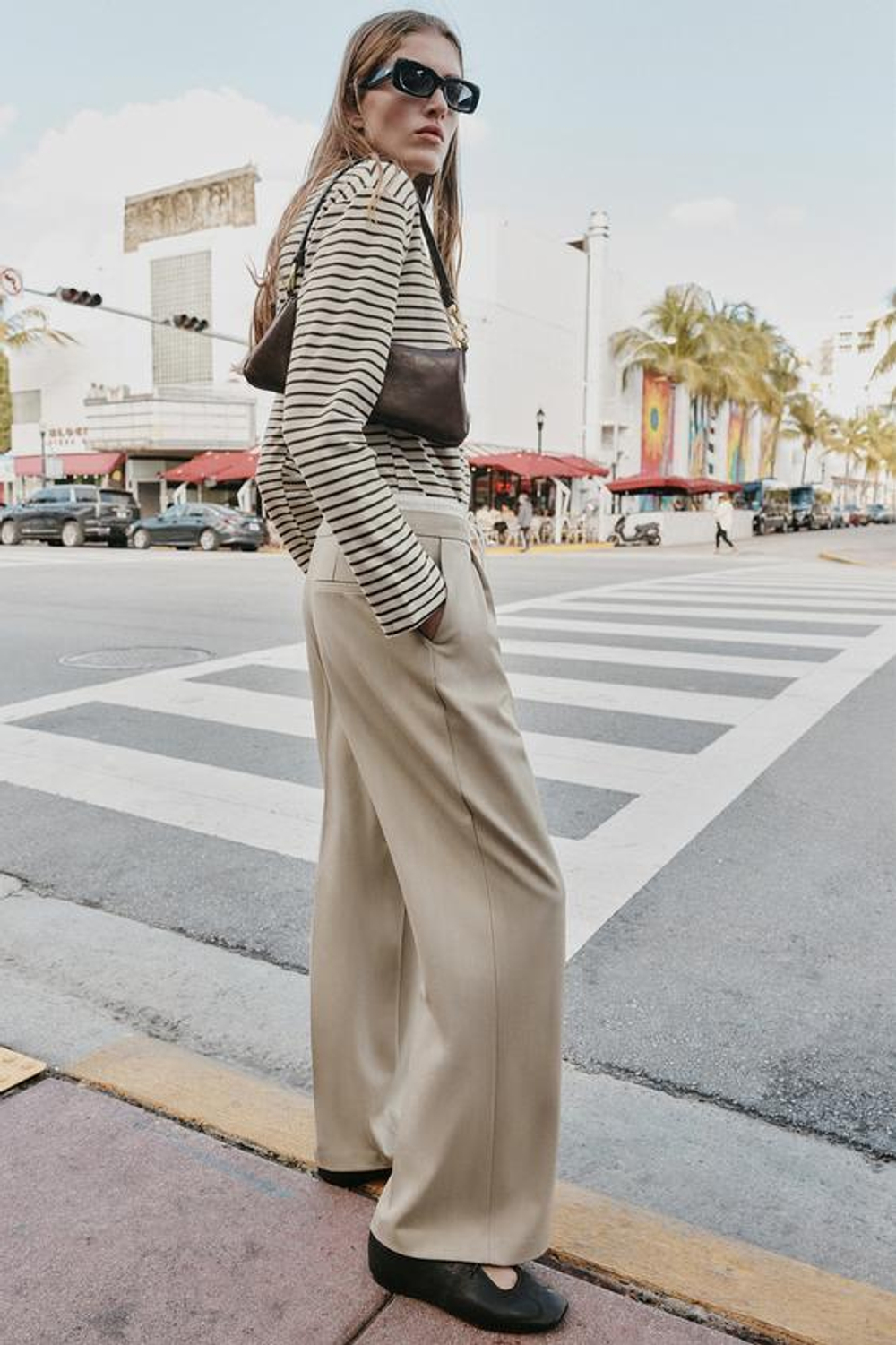 ZARA БРЮКИ С ШИРОКИМИ ШТАНИНАМИ И ДВОЙНЫМ ПОЯСОМ, ПЕСОЧНЫЙ