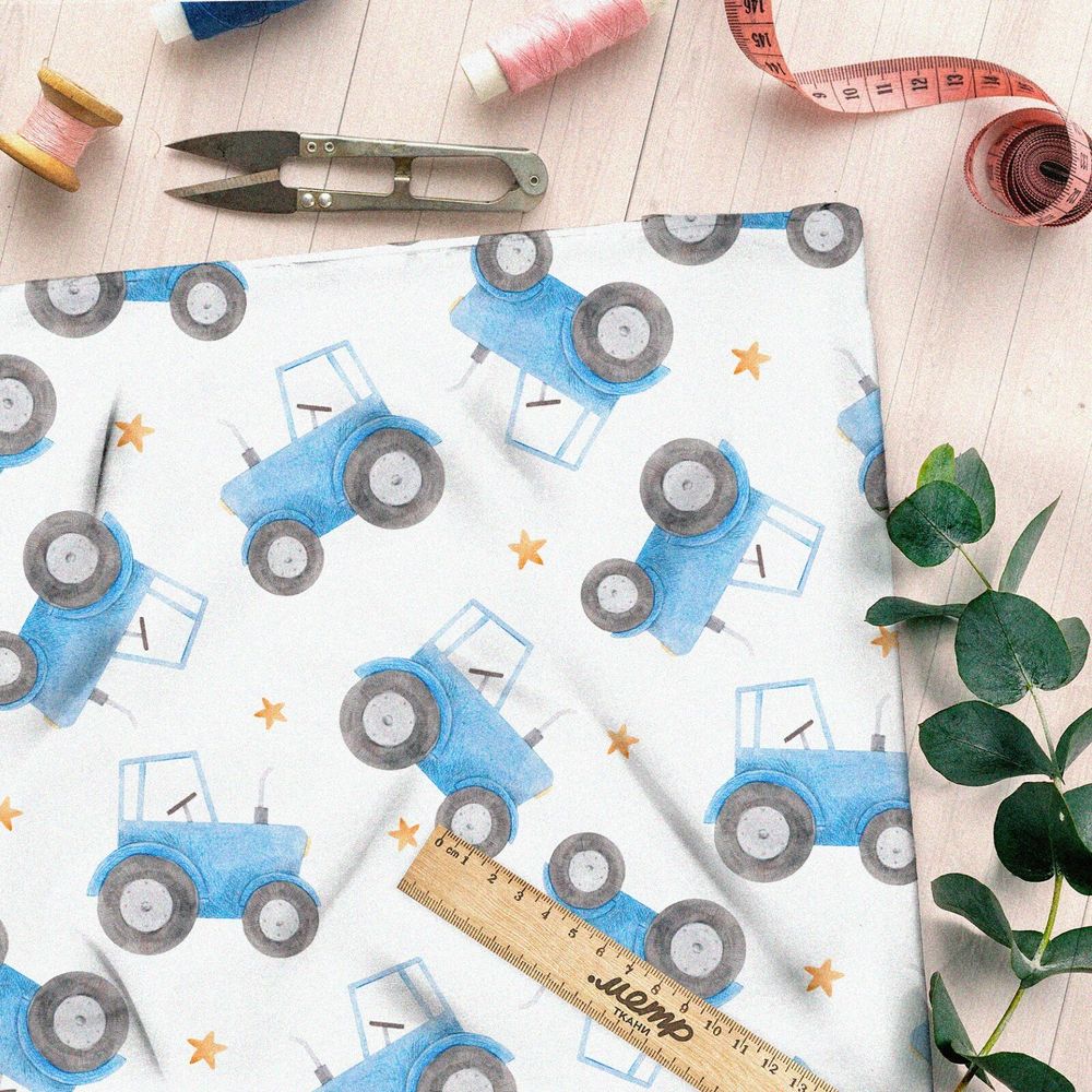 Ткань лен синий трактор