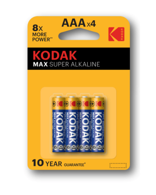 Батарейки алкалиновые "мизинчиковые" КОМПЛЕКТ 4 шт KODAK Max Super Alkaline, ААА (LR03,15А) блистер