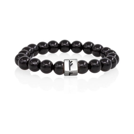 Браслет Достаток и сила из натурального черного кварца с руной Феху в форме куба из серебра 925, вид 1