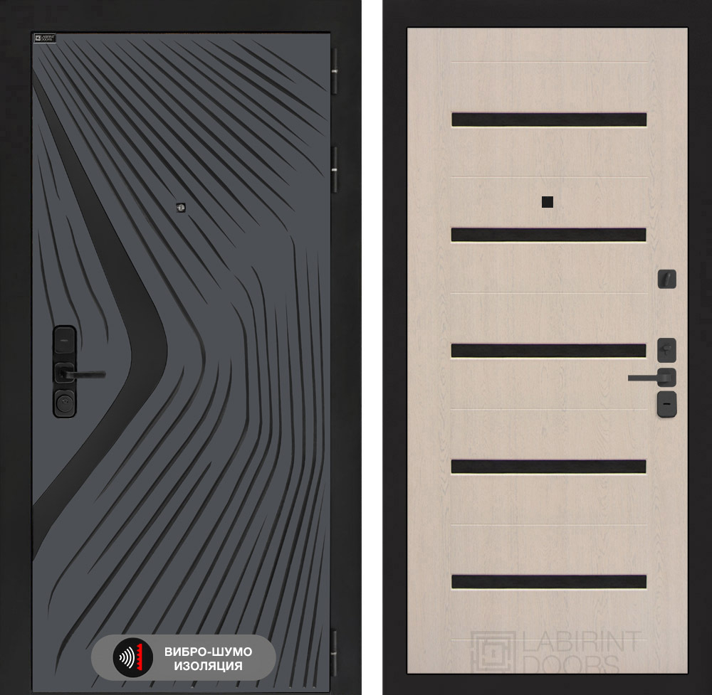 Входная дверь Лабиринт LEOLAB - 01 Беленый дуб, стекло черное