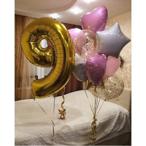 Букет шаров на День Рождения из Сердечек и Звезд для Девочки