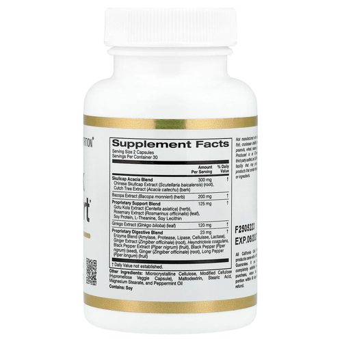 California Gold Nutrition, Think Support, с гинкго билоба, тюбетейкой, готу колой, бакопой и ферментами, 60 растительных капсул