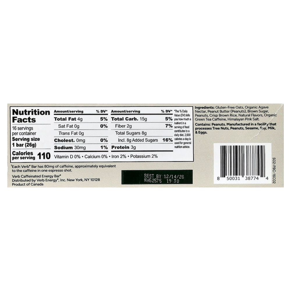 Verb Energy, Caffeinated Energy Bars, Peanut Butter Crunch, 16 Bars, 0.92 oz (26 g) Each