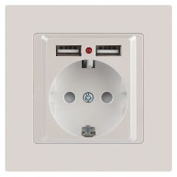 Розетка Intro Accent 6-410-06 с заземлением 2P+E Schuko со шторками 16А-250В + 2хUSB IP20 СУ перламутр