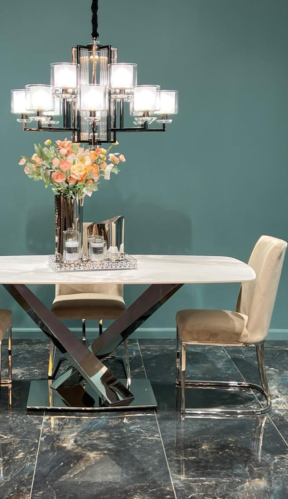 Стол обеденный Ist Casa Интерно Силвер, 180х90х75 см, белый мрамор, серебро