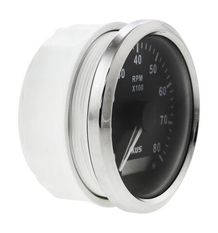 Тахометр 0-8000 об/мин со счетчиком моточасов делитель 0.5-250, черный циферблат, нержавеющий ободок