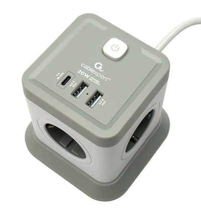 Сетевой фильтр Cablexpert Tower, TWR-4-CU2-W-2, 4р, 10А, 1xType-C PD, 20Вт, 2хUSB, 2м, защ. 2+ белый