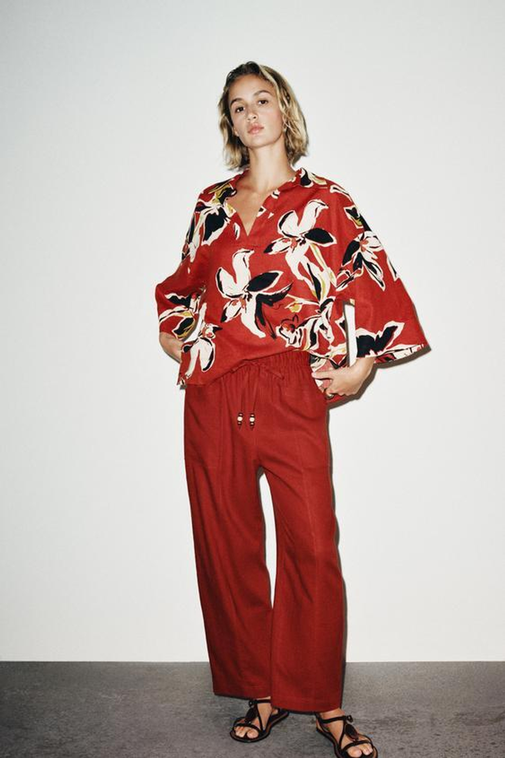 ZARA БРЮКИ ИЗ ЛЬНА СО ШНУРКОМ И БУСИНАМИ, ЧЕРЕПИЧНЫЙ