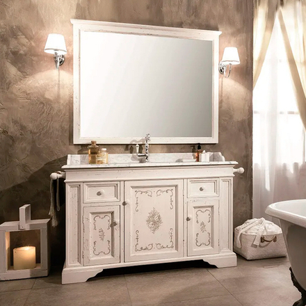 Комплект мебели Gaia 126*58*80 см Раковина (встраиваемая снизу), белая керамика + Столешница из мрамора 126*58*10 см Тумба (3 дверцы, 2 ящика), состаренное дерево белого цвета с декоративным рисунком ручной работы + Зеркало в раме 121*100 см, состаренное дерево белого цвета