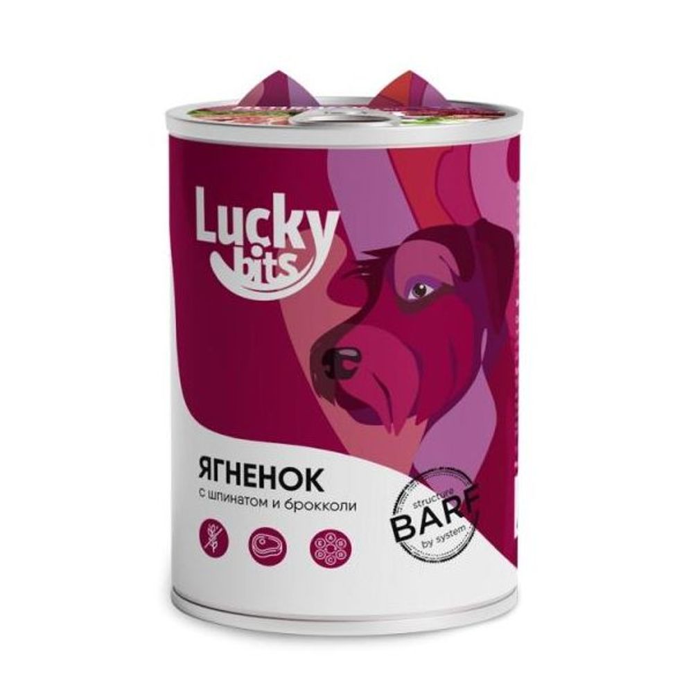 Влажный корм для собак Lucky bits с ягненком, брокколи и шпинатом, Банка 400 г Влажный корм для собак Lucky bits с ягненком, брокколи и шпинатом, Банка 400 г