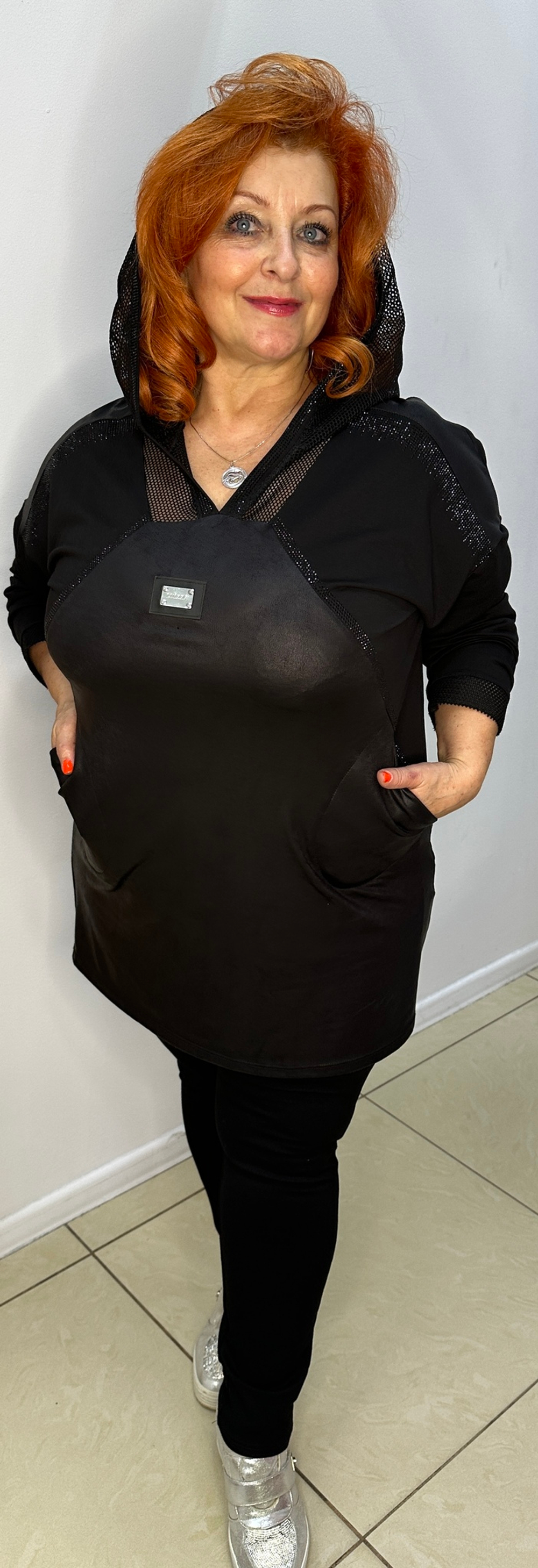 Комбинированная туника-платье с сеточкой в капюшоне