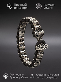 Фото с инфографикой скандинавского браслета с застежкой молот тора.