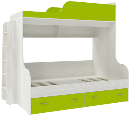 Двухъярусная кровать КарИВи Дуэт-15 с деревянной лестницей Белое Дерево Лайм