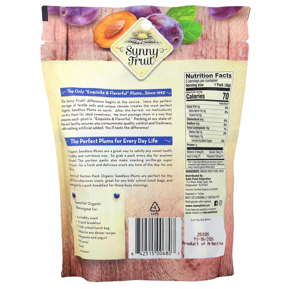Sunny Fruit, органические сушеные сливы, 5 порционных пакетиков по 30 г (1,06 унции)