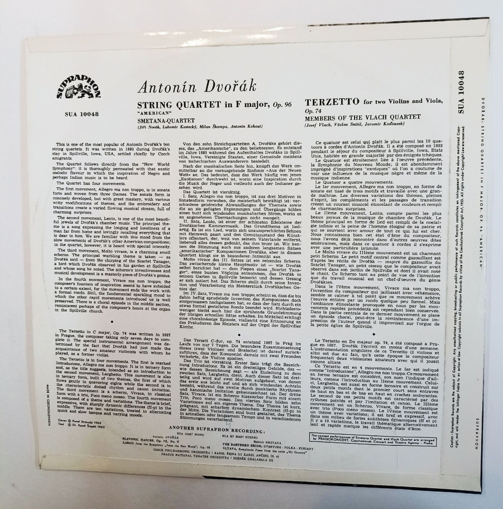 Винтажная виниловая пластинка LP Dvorak Дворжак,Smetana Quartet, Members Of The Vlach Quartet String Quartett in F Major, Op. 96 Terzetto For Two violins And Viola, Op. 74 (Чехословакия 1962)