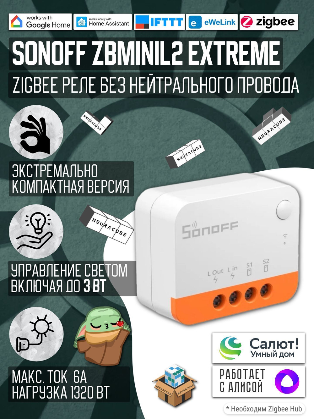 ZigBee Реле Sonoff ZBMINIL2 Extreme, 6A/1320Вт (Работает с Алисой)